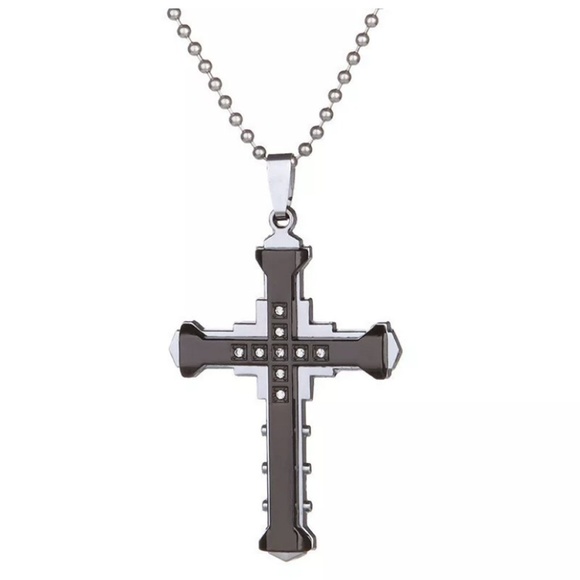 Hematite and Silver Cross Necklace Hip Hop NEW - Picture 2 of 3